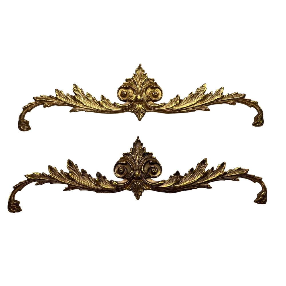 Solid Brass Wall Pediment Pair Gold Acanthus Leaf Fleur De Lis Vintage Decor